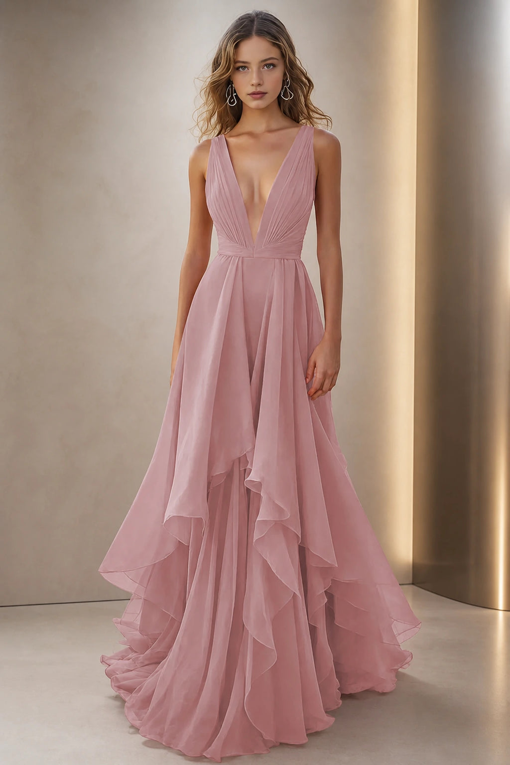 Graceful A-Line Plunging V-Neck Sleeveless V-Back Floor-Length Bridesmaid Dress