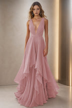Graceful A-Line Plunging V-Neck Sleeveless V-Back Floor-Length Bridesmaid Dress