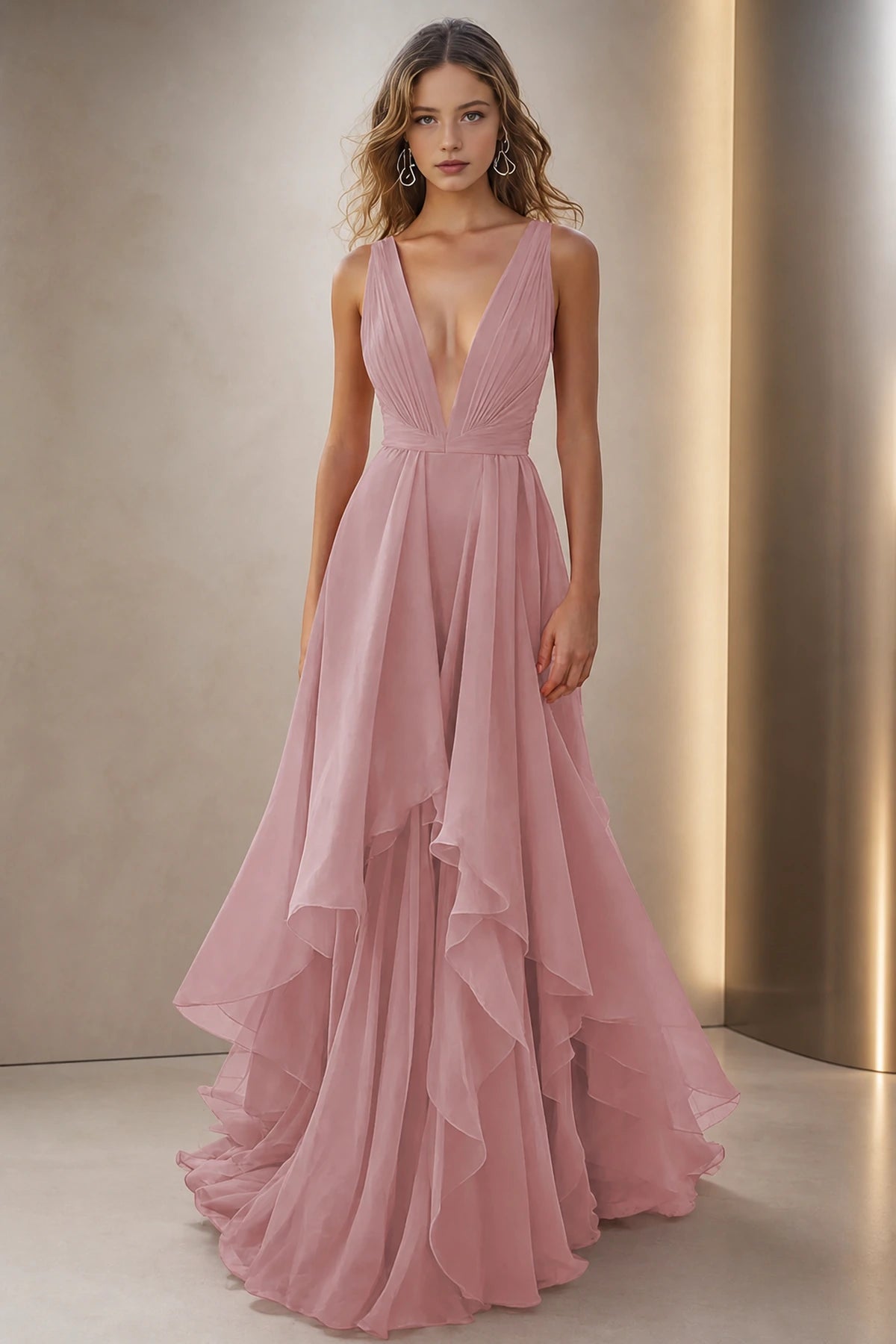 Graceful A-Line Plunging V-Neck Sleeveless V-Back Floor-Length Bridesmaid Dress