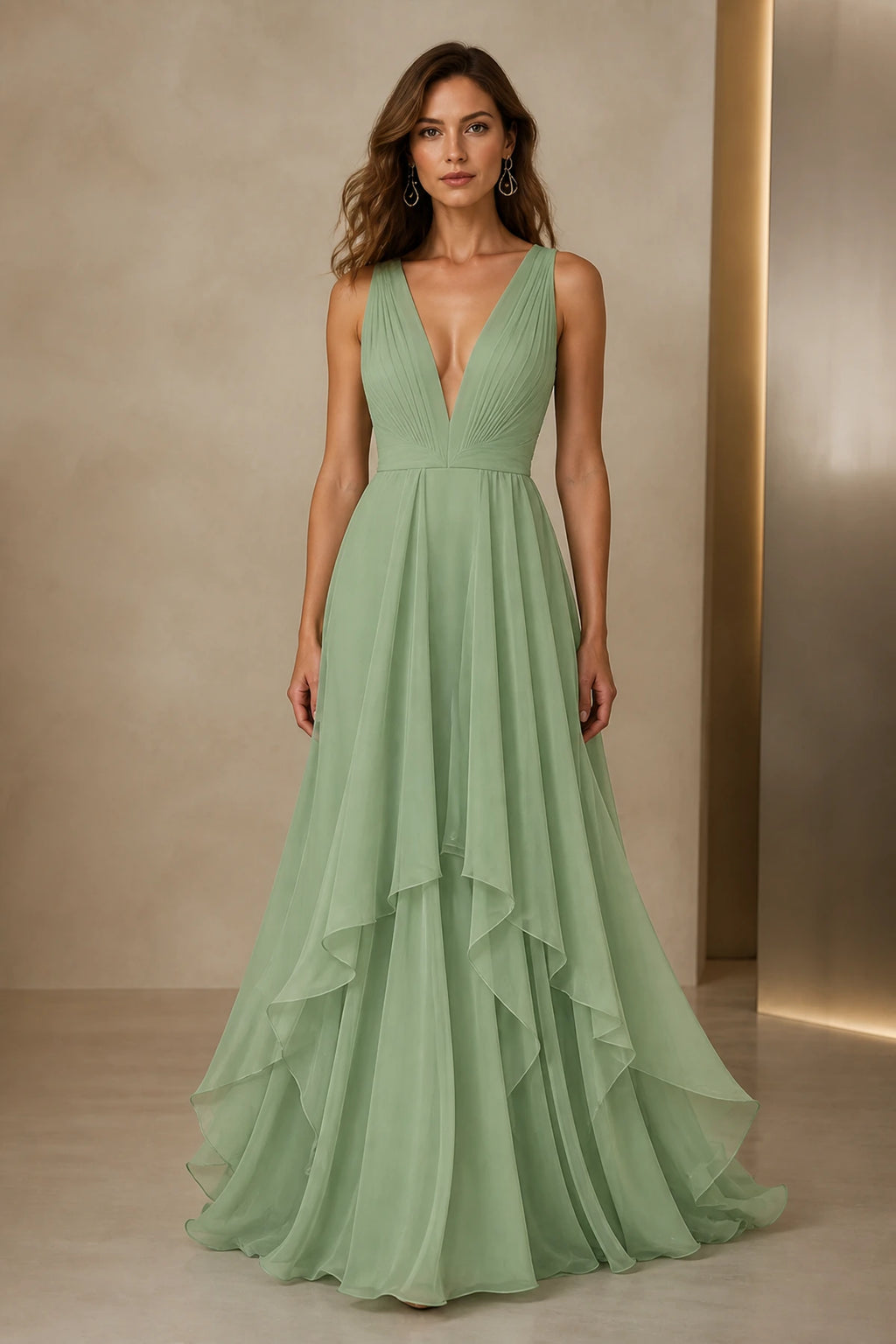 Graceful A-Line Plunging V-Neck Sleeveless V-Back Floor-Length Bridesmaid Dress