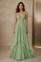 Graceful A-Line Plunging V-Neck Sleeveless V-Back Floor-Length Bridesmaid Dress