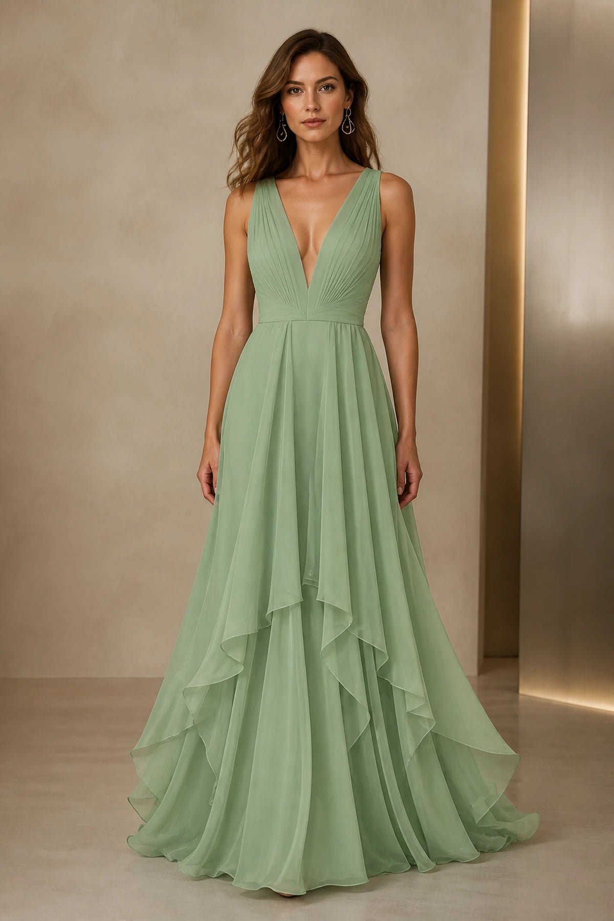 Graceful A-Line Plunging V-Neck Sleeveless V-Back Floor-Length Bridesmaid Dress