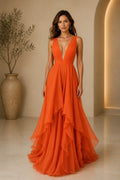 Orange plunging V-neck sleeveless floor-length bridesmaid dress front view