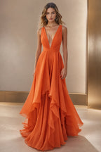 Graceful A-Line Plunging V-Neck Sleeveless V-Back Floor-Length Bridesmaid Dress