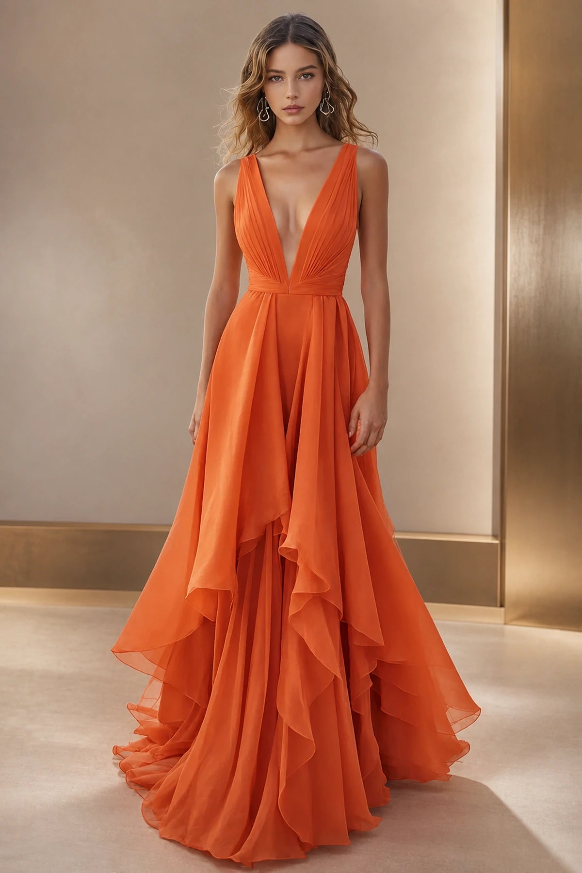 Graceful A-Line Plunging V-Neck Sleeveless V-Back Floor-Length Bridesmaid Dress