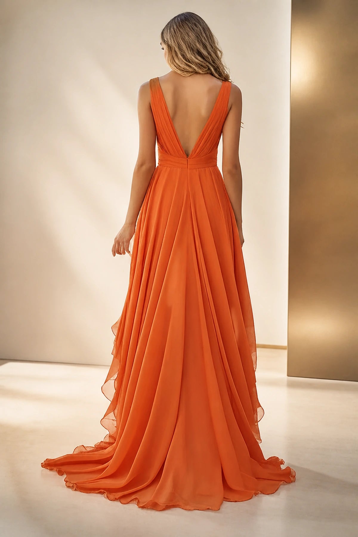 Graceful A-Line Plunging V-Neck Sleeveless V-Back Floor-Length Bridesmaid Dress