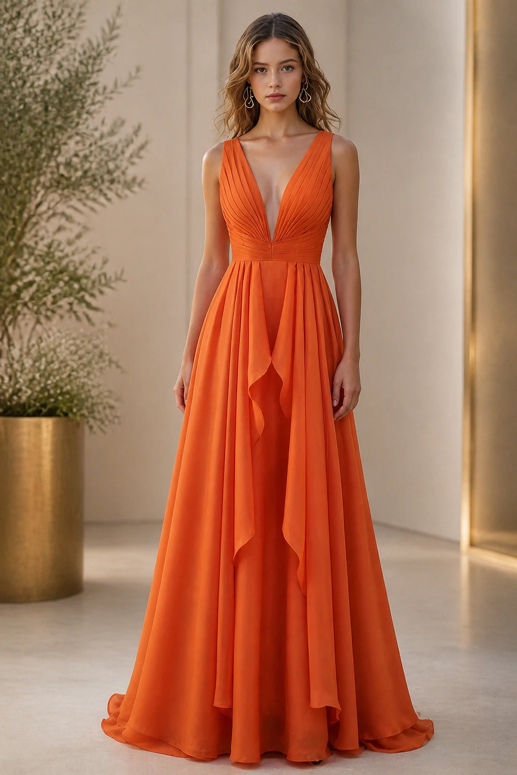 Graceful A-Line Plunging V-Neck Sleeveless V-Back Floor-Length Bridesmaid Dress