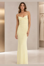 Pale lemon sheath sweetheart spaghetti strap long bridesmaid dress with ruched waist and low cowl back, front and back view by Vedress