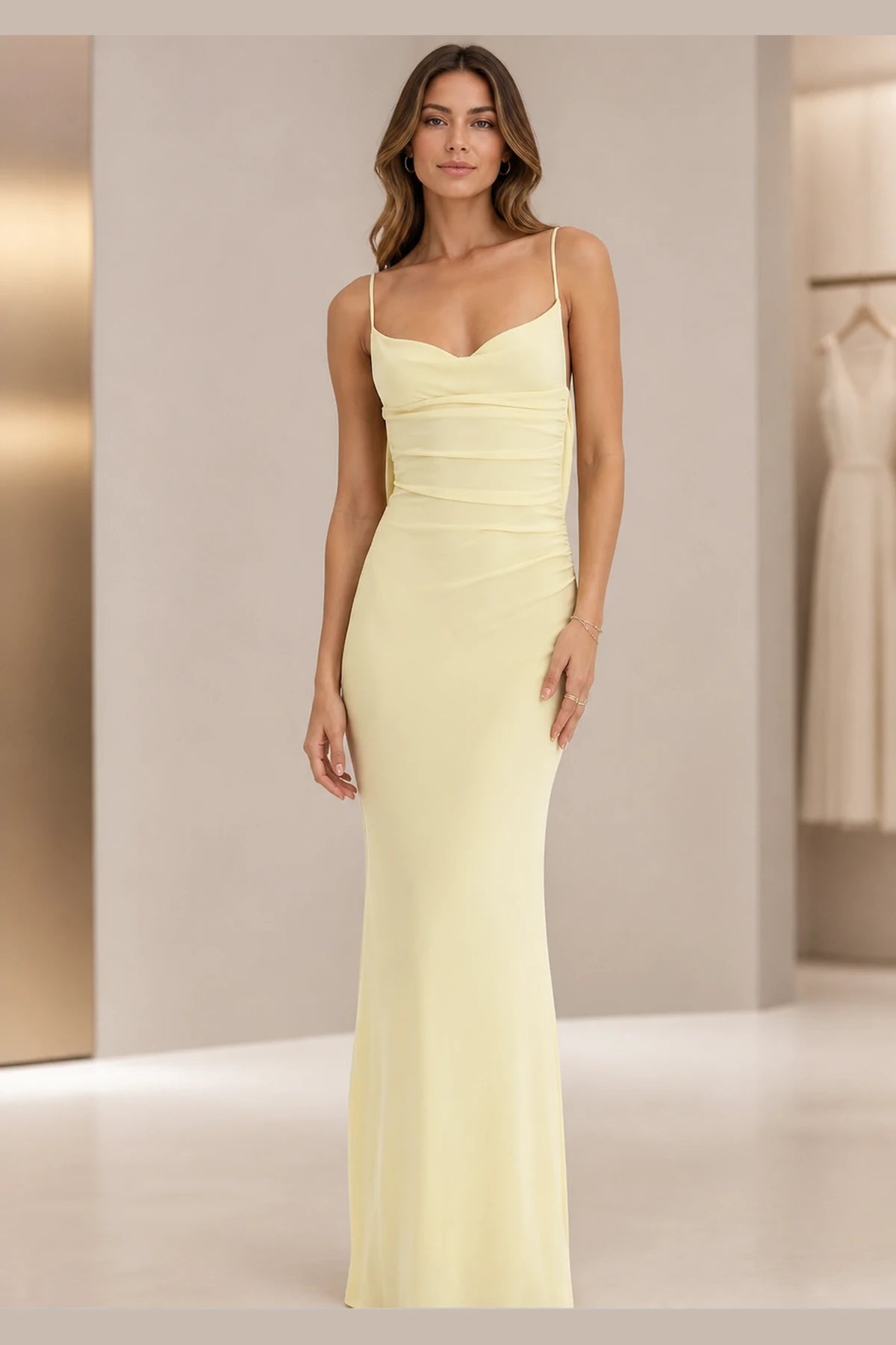 Pale lemon sheath sweetheart spaghetti strap long bridesmaid dress with ruched waist and low cowl back, front and back view by Vedress