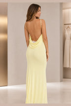 Pale lemon sheath sweetheart spaghetti strap long bridesmaid dress with ruched waist and low cowl back, front and back view by Vedress