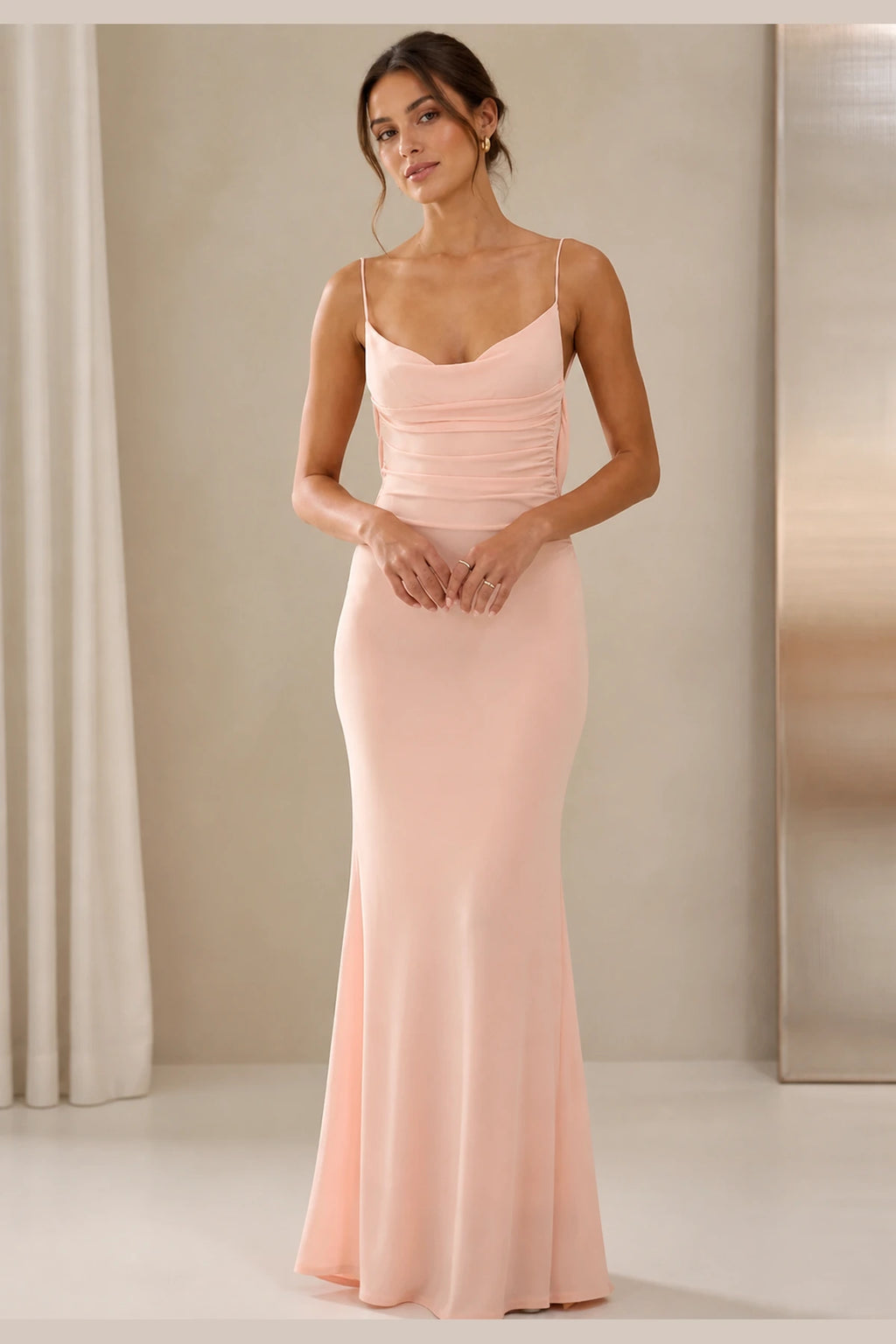 Sleek Sheath Sweetheart Spaghetti-Strap Cowl-Back Long Bridesmaid Dress