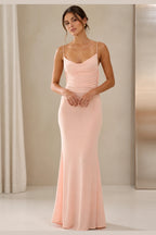 Sleek Sheath Sweetheart Spaghetti-Strap Cowl-Back Long Bridesmaid Dress