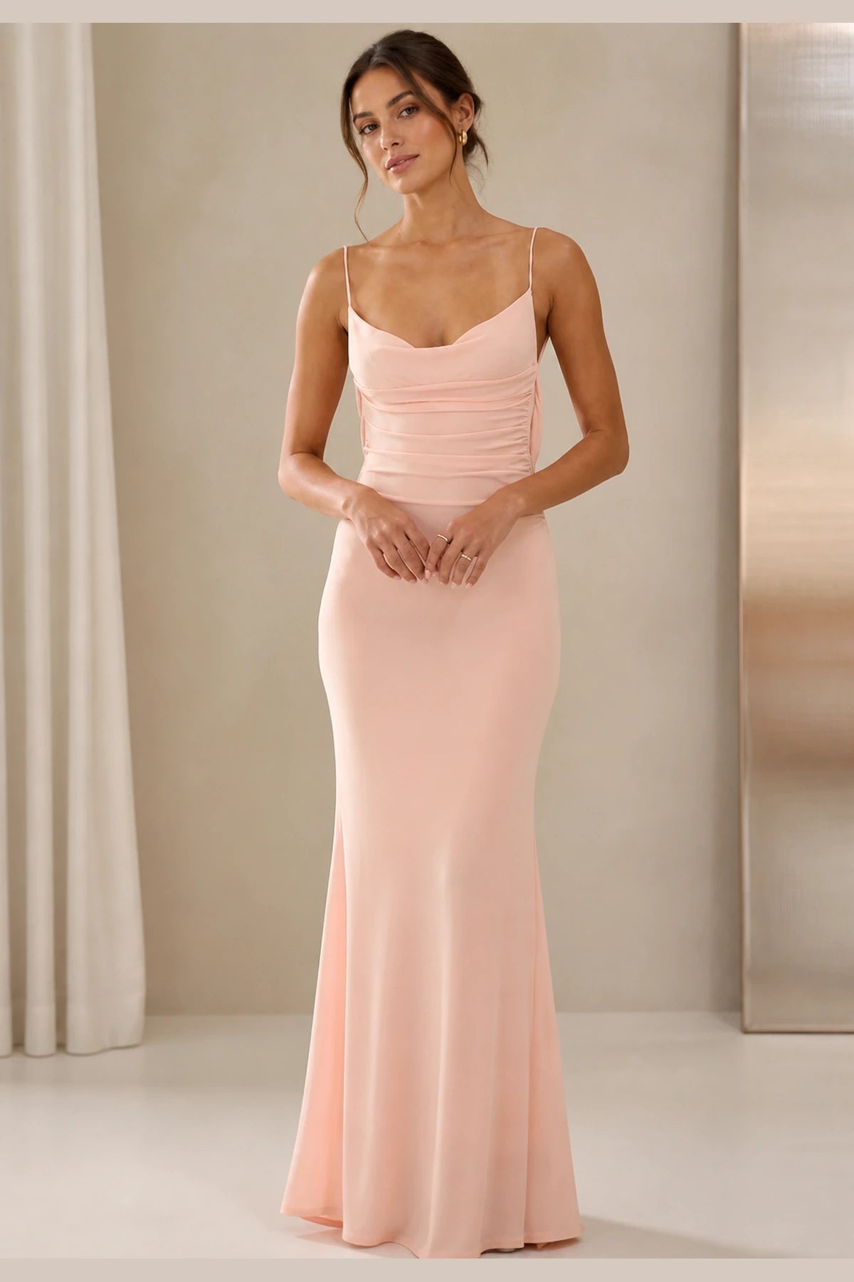 Sleek Sheath Sweetheart Spaghetti-Strap Cowl-Back Long Bridesmaid Dress