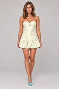 Pale yellow floral sweetheart strapless mini homecoming dress with ruffle hem by Graceprom