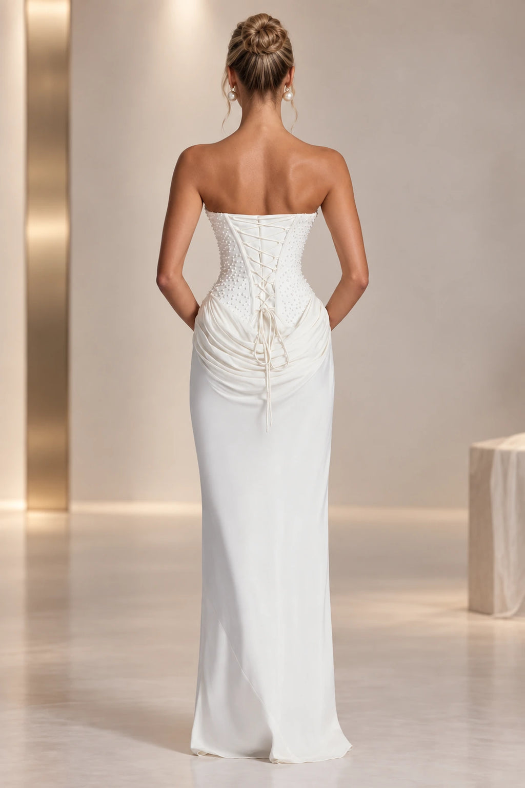 Graceprom lace up back pearl embellished formal guest dress back view