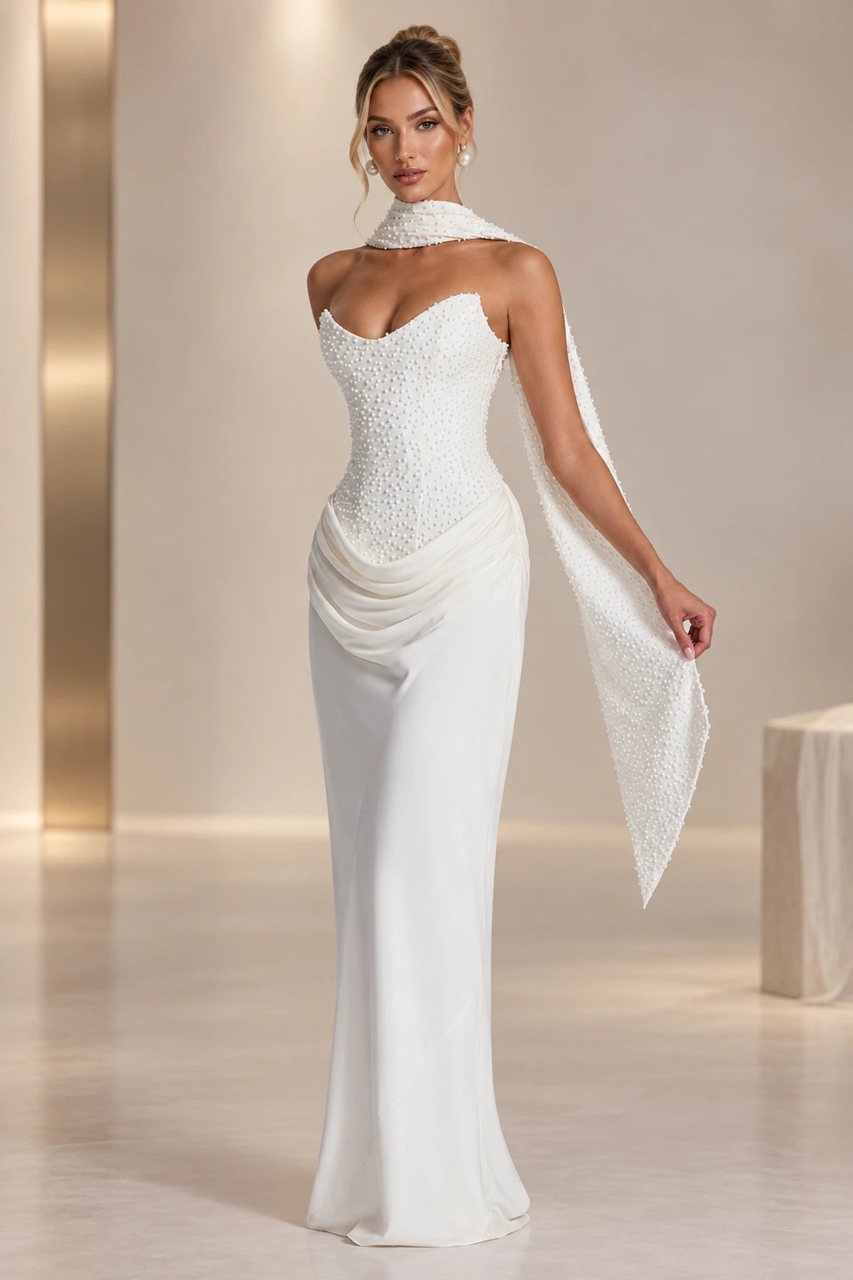Graceprom pearl embellished mermaid sweetheart wedding guest dress front view