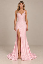 Pink beaded mermaid prom dress with V neck open back and long train
