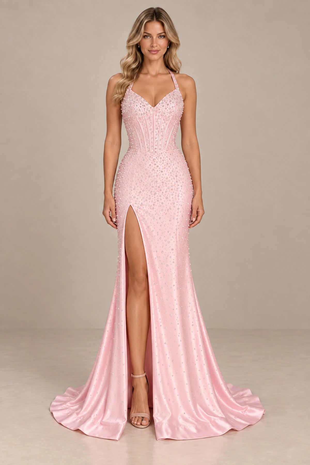 Pink beaded mermaid prom dress with V neck open back and long train