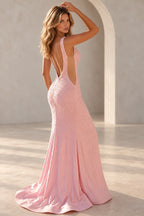 Pink beaded mermaid prom dress with V neck and open back design