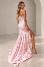Pink beaded mermaid prom dress with V neck open back and long train