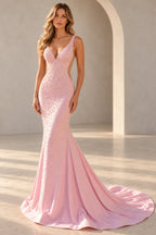 Elegant Mermaid V Neck Sleeveless Open Back Floor Length Prom Dress