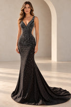 Elegant Mermaid V Neck Sleeveless Open Back Floor Length Prom Dress