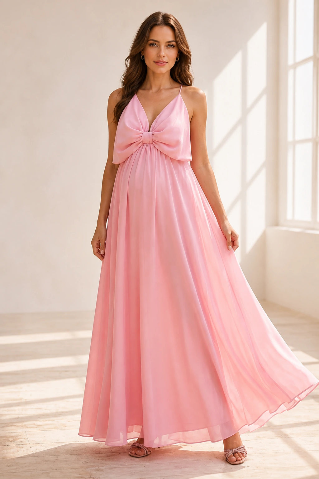 pink-bow-v-neck-wedding-guest-dress-front.webp