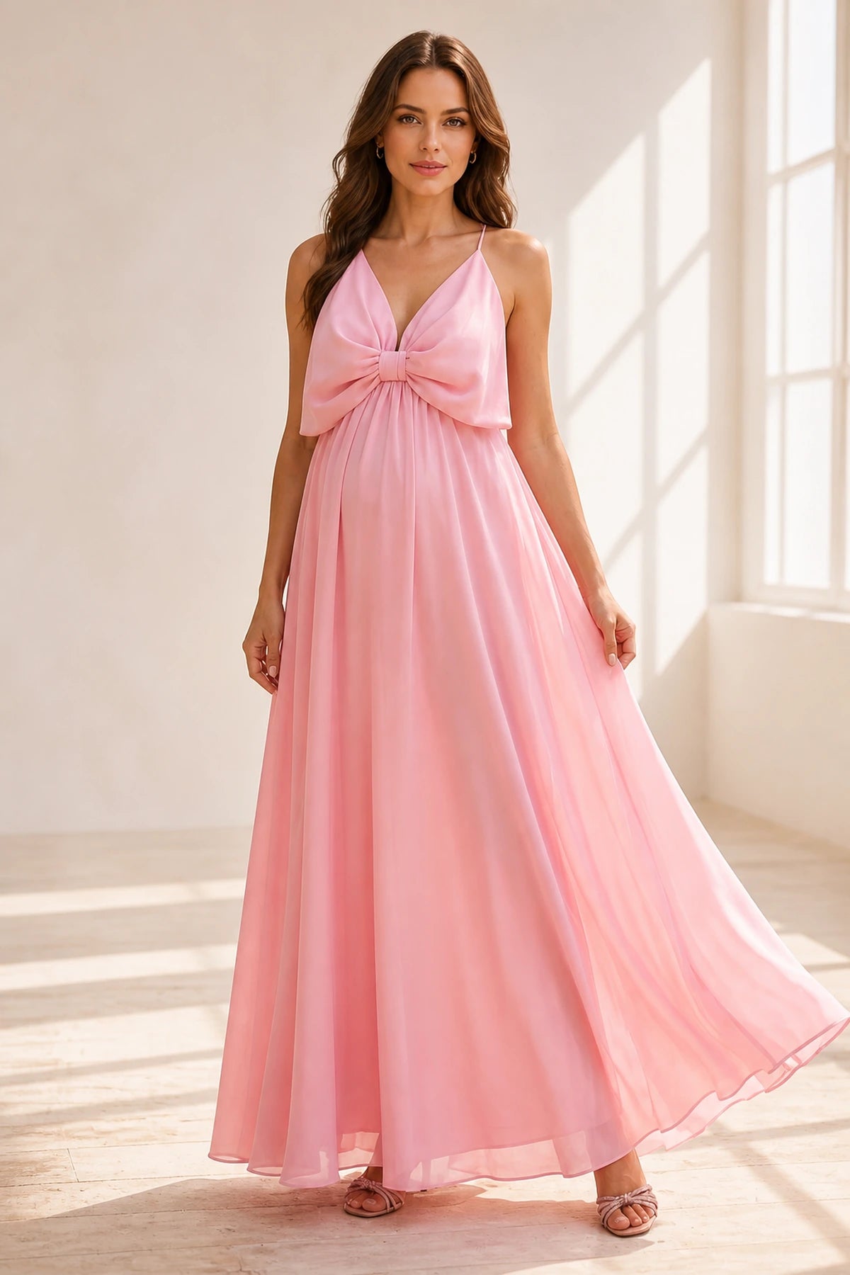 pink-bow-v-neck-wedding-guest-dress-front.webp