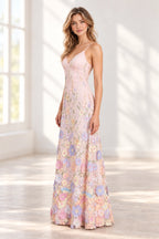 Dreamy A Line V Neck Spaghetti Strap Open Back Floor Length Bridesmaid Dress