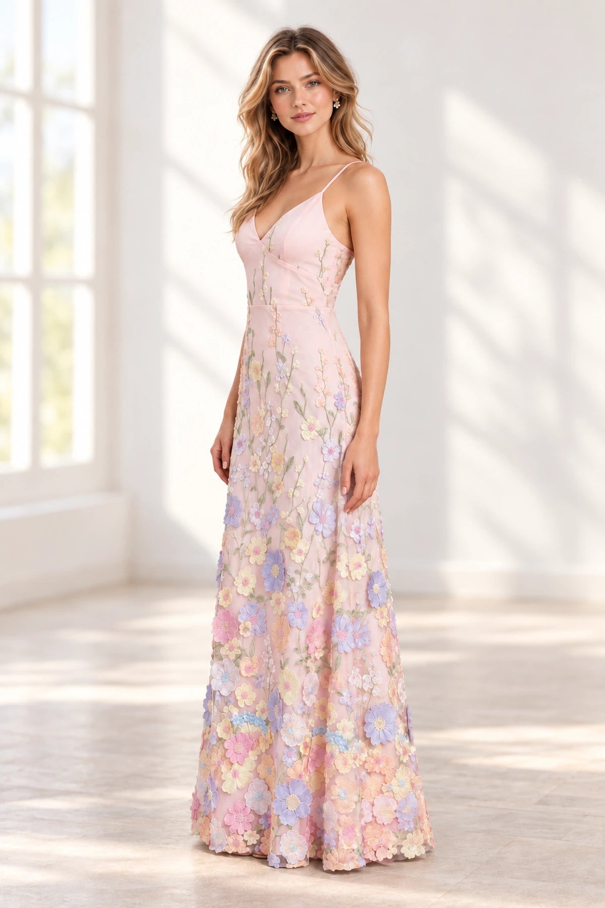 Dreamy A Line V Neck Spaghetti Strap Open Back Floor Length Bridesmaid Dress