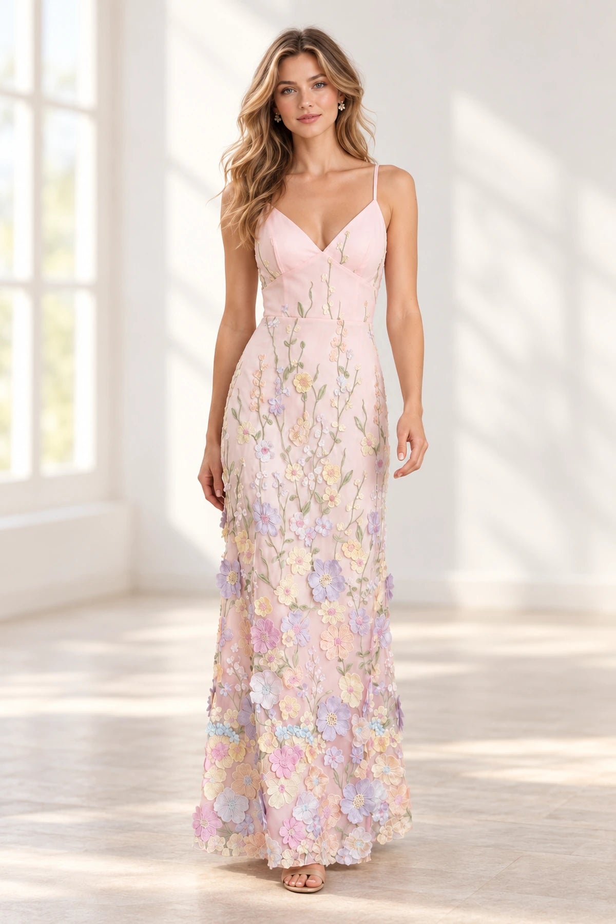 Dreamy A Line V Neck Spaghetti Strap Open Back Floor Length Bridesmaid Dress