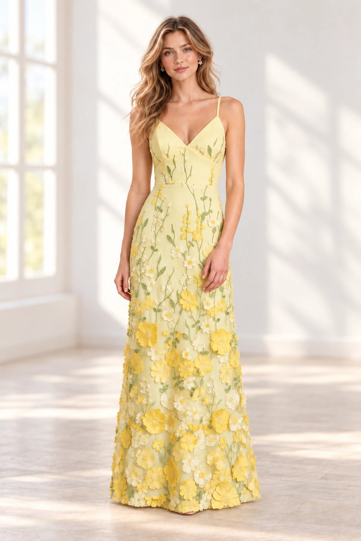 Dreamy A Line V Neck Spaghetti Strap Open Back Floor Length Bridesmaid Dress