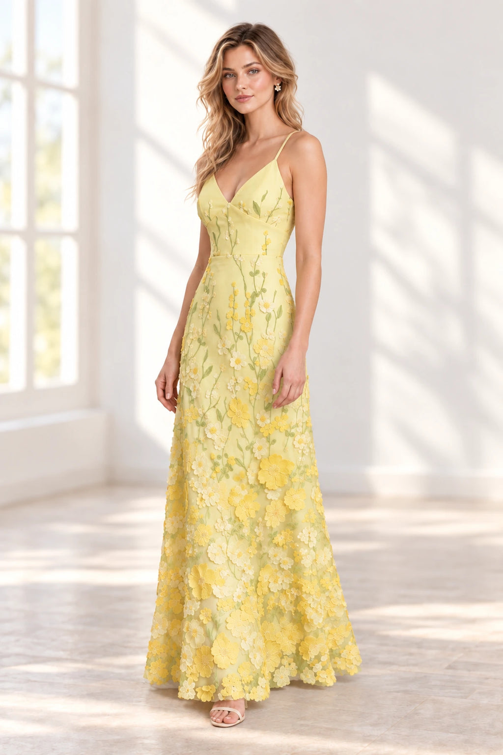 Dreamy A Line V Neck Spaghetti Strap Open Back Floor Length Bridesmaid Dress