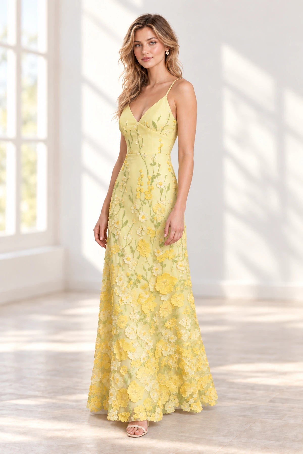Dreamy A Line V Neck Spaghetti Strap Open Back Floor Length Bridesmaid Dress
