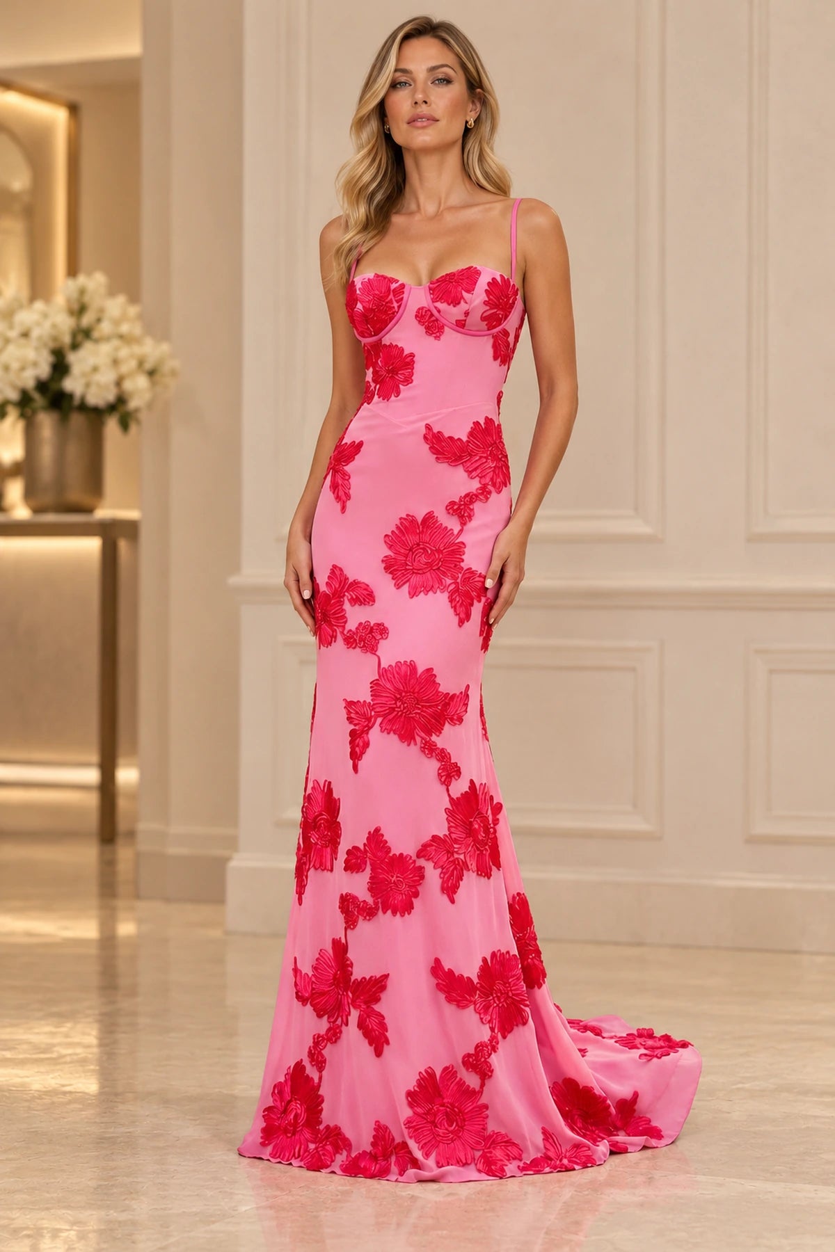 Pink mermaid prom dress featuring rose-red floral embroidery, a sweetheart neckline, spaghetti straps, fitted bodice, and floor-length sweep train by Graceprom.