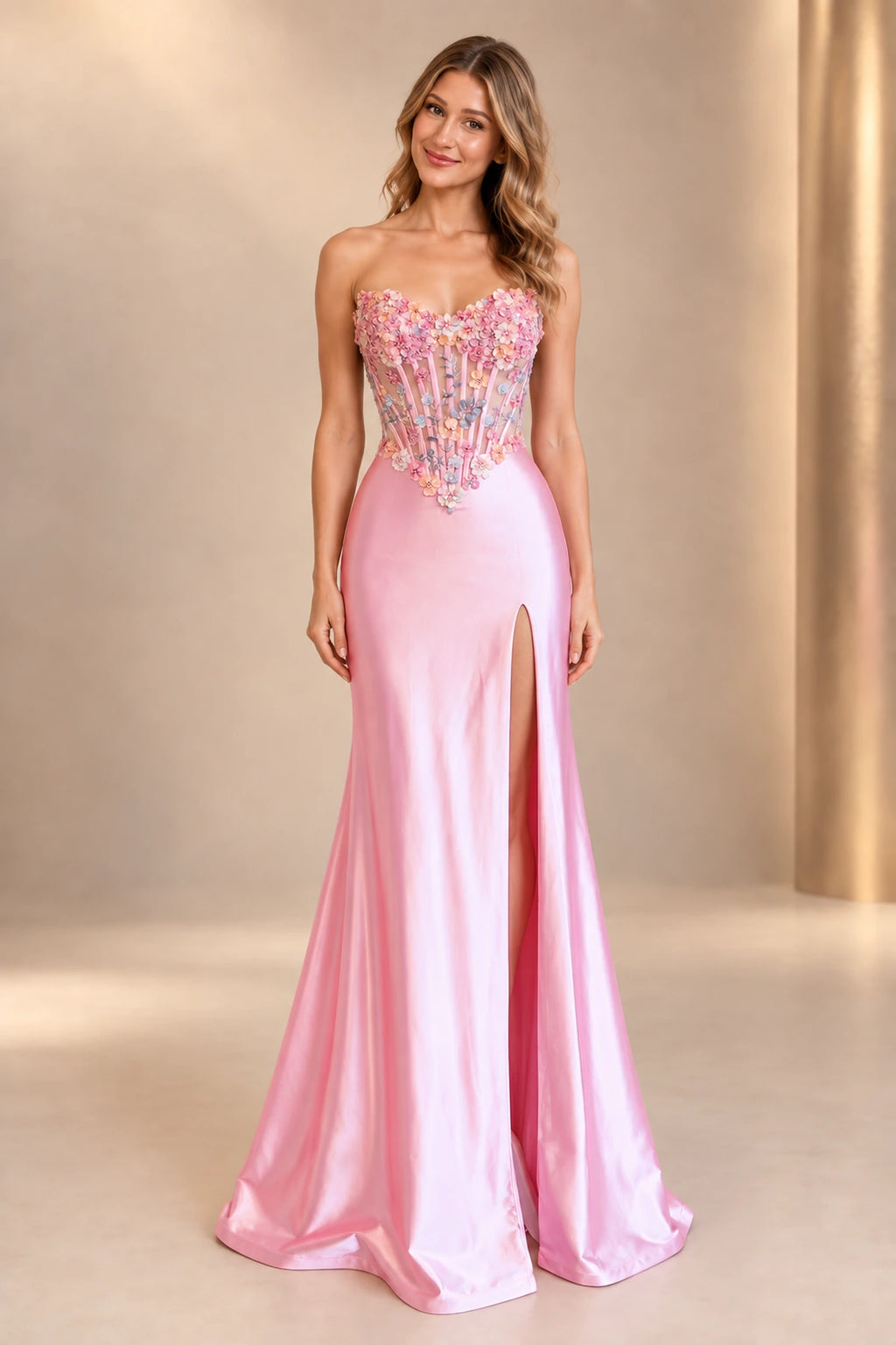Pink floral lace corset mermaid prom dress with sweetheart neckline and side slit