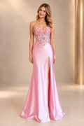 Pink floral lace corset mermaid prom dress with sweetheart neckline and side slit