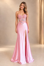 Pink floral lace corset mermaid prom dress with sweetheart neckline and side slit