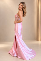 Pink floral lace corset mermaid prom dress with sweetheart neckline and side slit