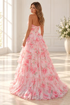 Pink floral floor length prom dress with structured back and tiered ruffle skirt