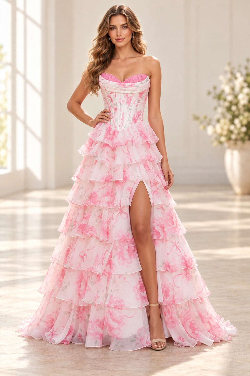 Pink floral A line prom dress with sweetheart corset bodice layered ruffles and slit