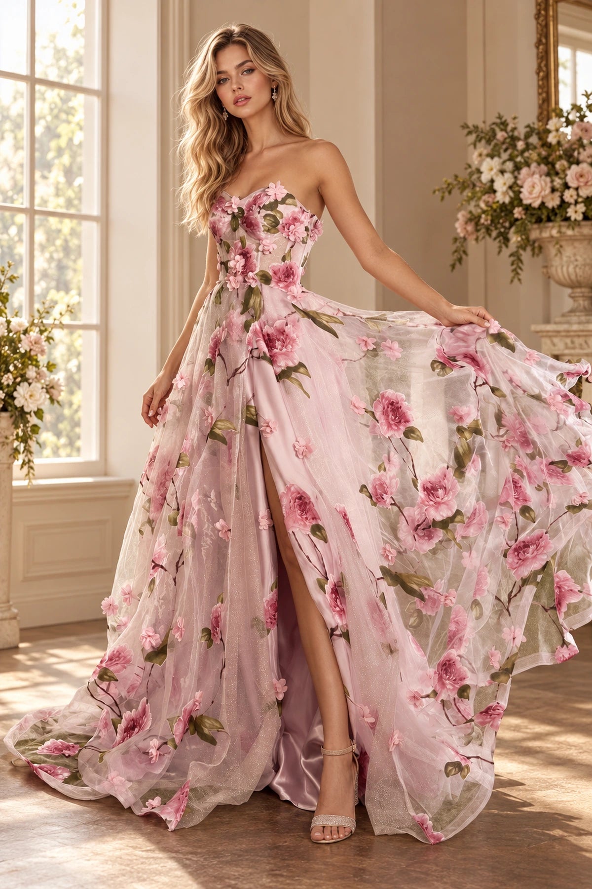 Pink floral A line prom dress with strapless corset bodice and flowing skirt