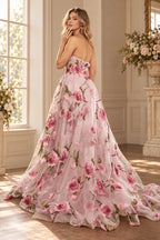 Pink floral A line prom dress with strapless corset bodice and flowing skirt
