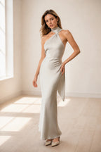 Dreamy Sheath Halter Neck Sleeveless Open Back Long Bridesmaid Dress
