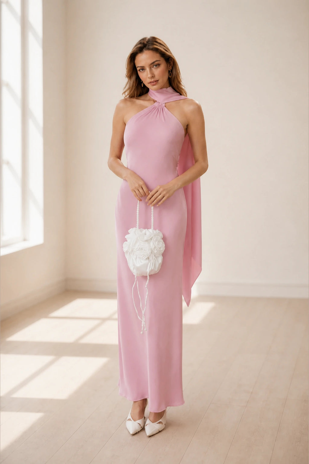 Pink halter neck sleeveless long bridesmaid dress by GraceProm