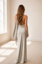 Dreamy Sheath Halter Neck Sleeveless Open Back Long Bridesmaid Dress