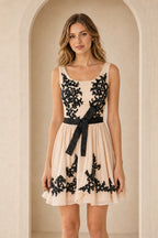 Champagne Black Homecoming Dress with Floral Lace Applique and A Line Chiffon Skirt