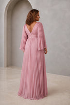 Pink A line formal dress with V back and flowing pleated sleeves