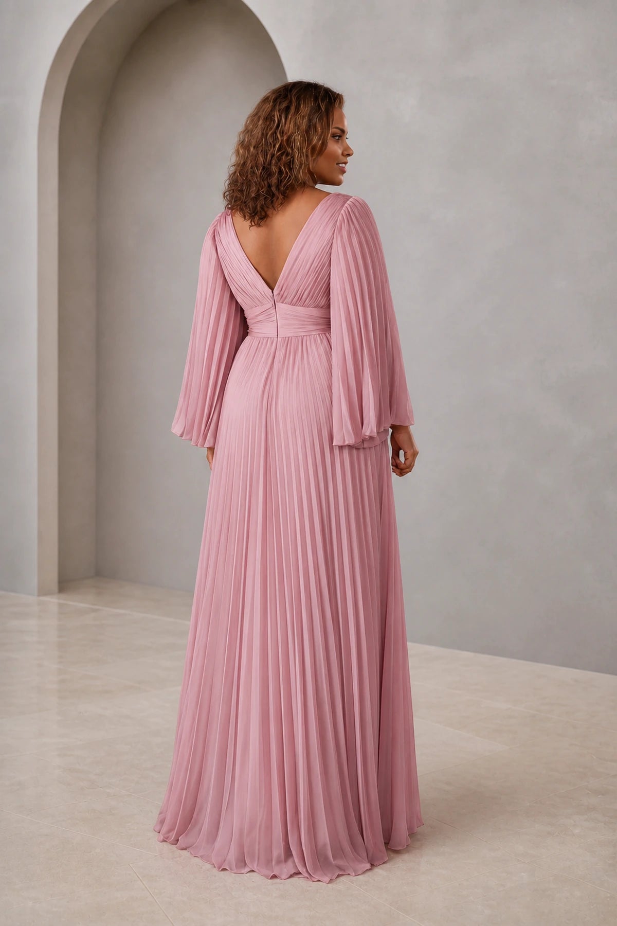 Pink A line formal dress with V back and flowing pleated sleeves