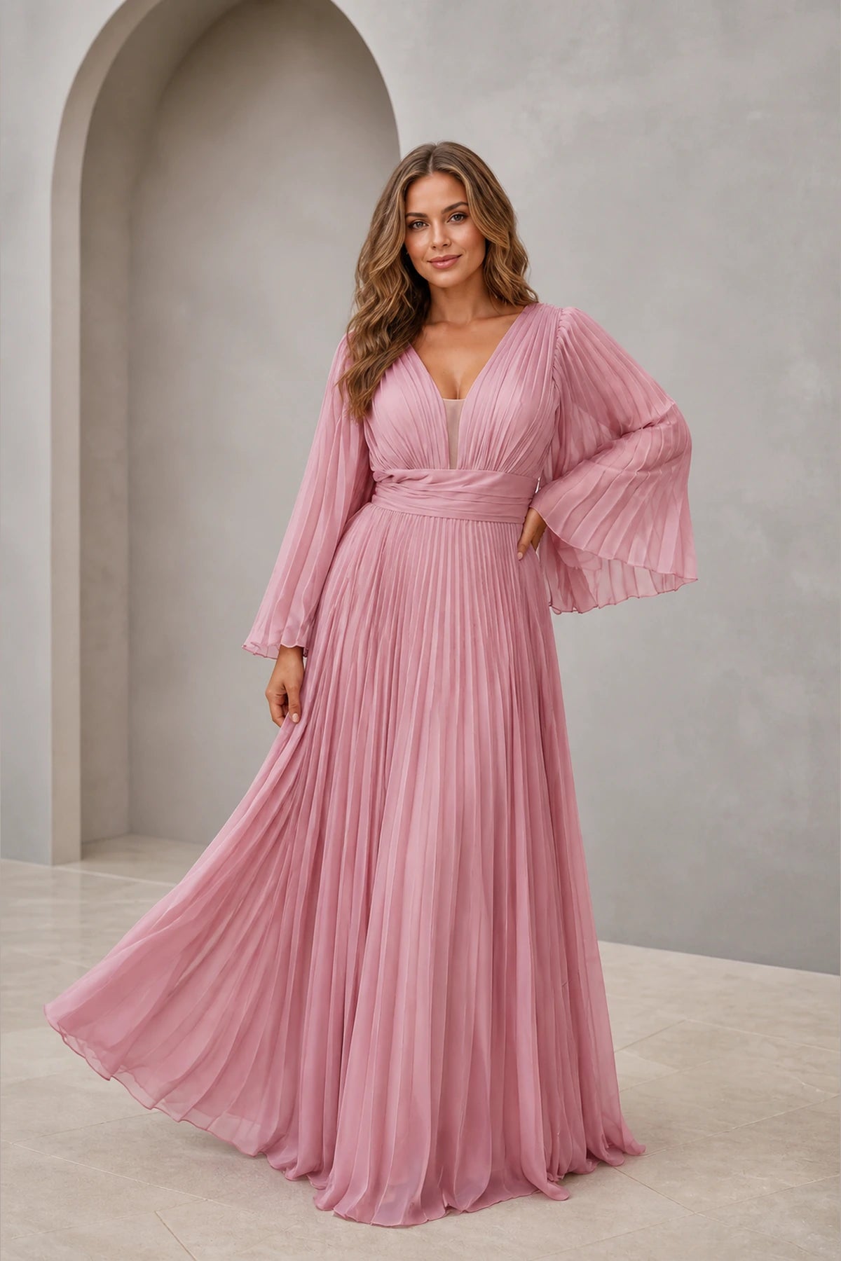Pink long sleeve pleated A line wedding guest dress with V neckline
